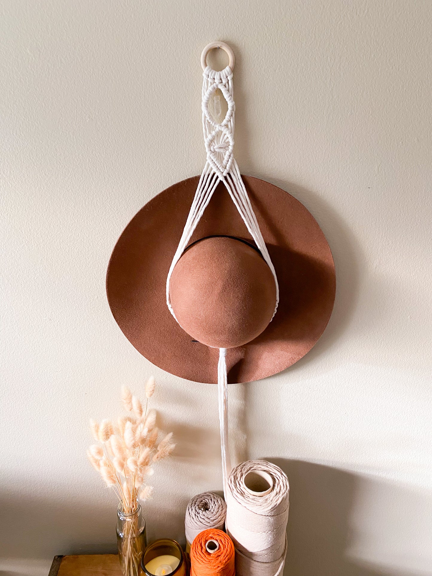 Macrame & Quartz Crystal Hat Hanger