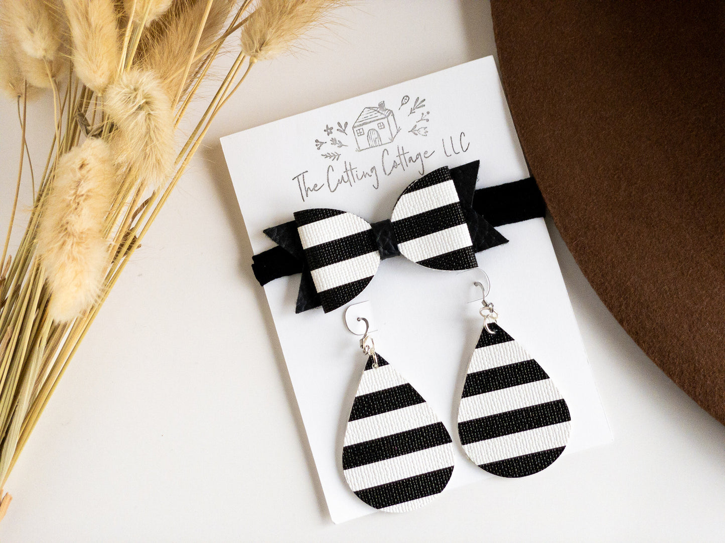 Black & White Striped Mommy & Me Headband & Teardrop Earring Set