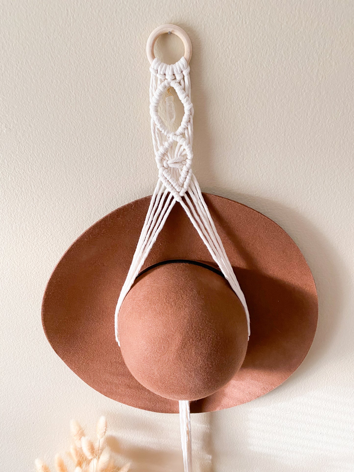 Macrame & Quartz Crystal Hat Hanger